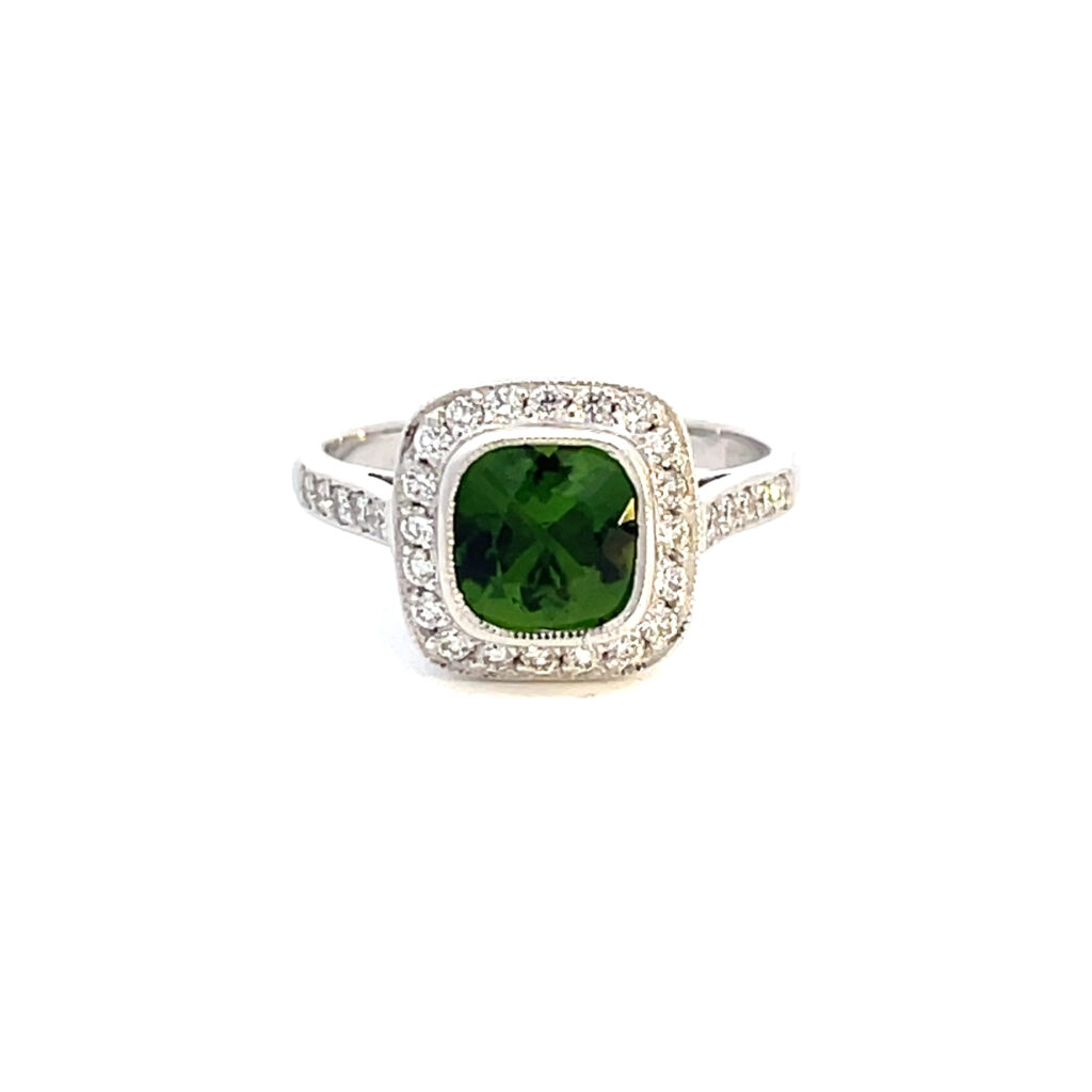 Cushion Shaped Chrome Tourmaline & Diamond Cluster Ring