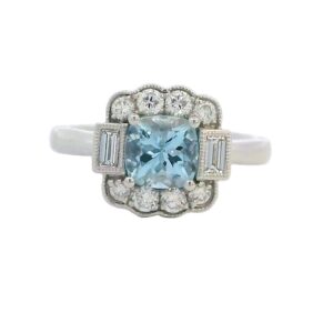 Art Deco Style Aquamarine & Diamond Cluster Ring